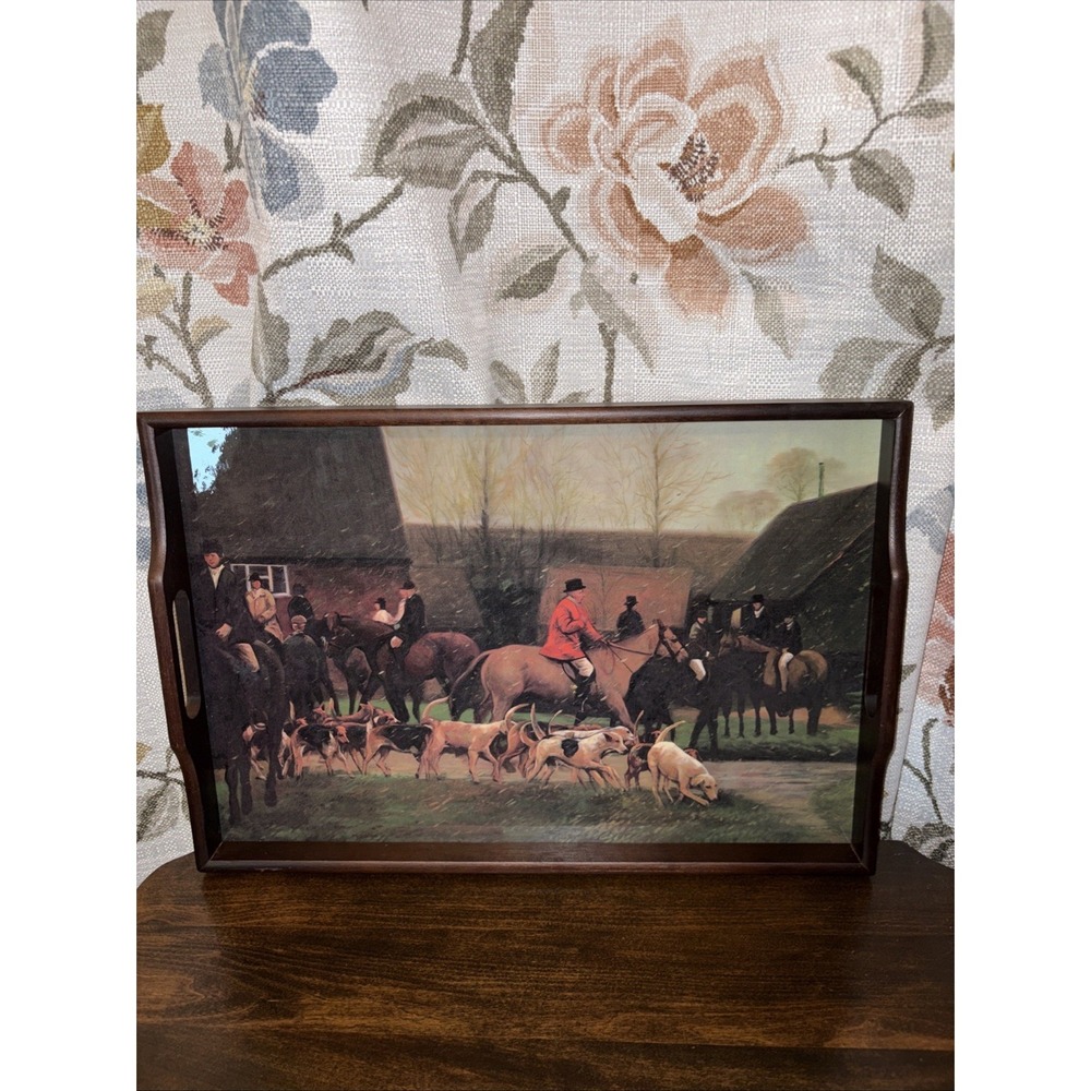 Vintage English Fox Hunt Scene Equestrian Hound Horse Wood Serving Tray
